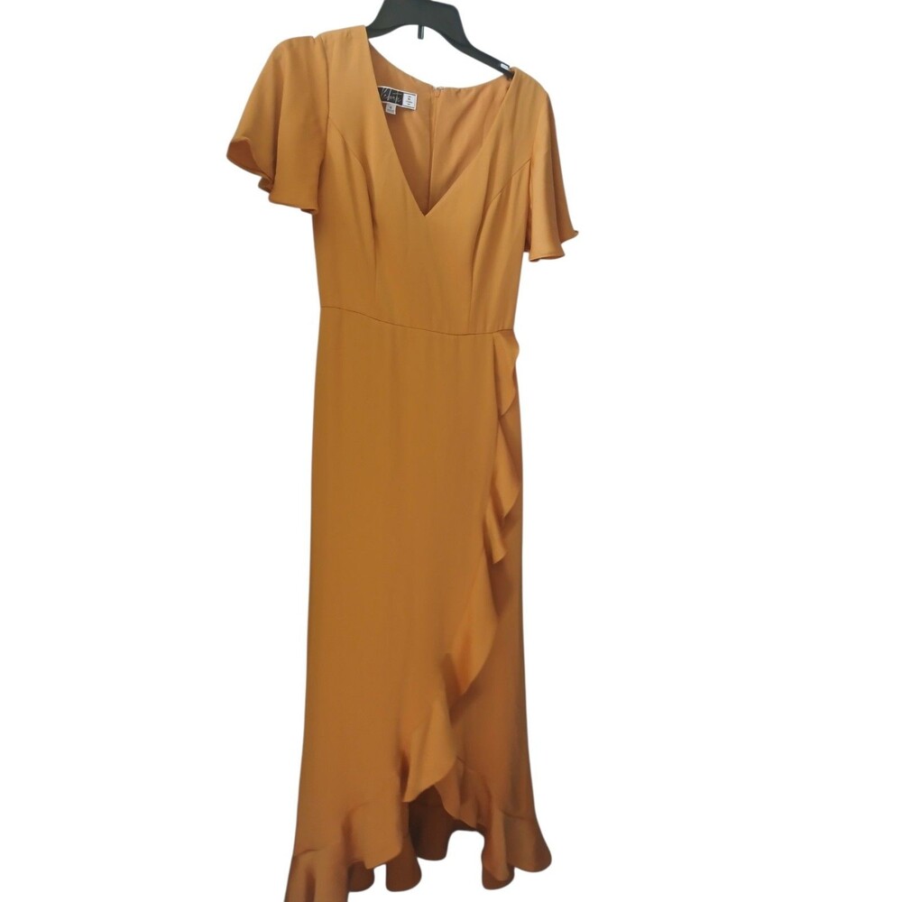 DB Studio Celebrate Mustard Midi Dress Size 4 Ruffle Hem V-Neck Elegant Dress